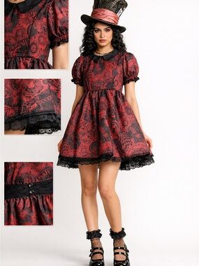 Gothic Wonderland Dress • Red/Black Lace • Puff Sleeves • Medium